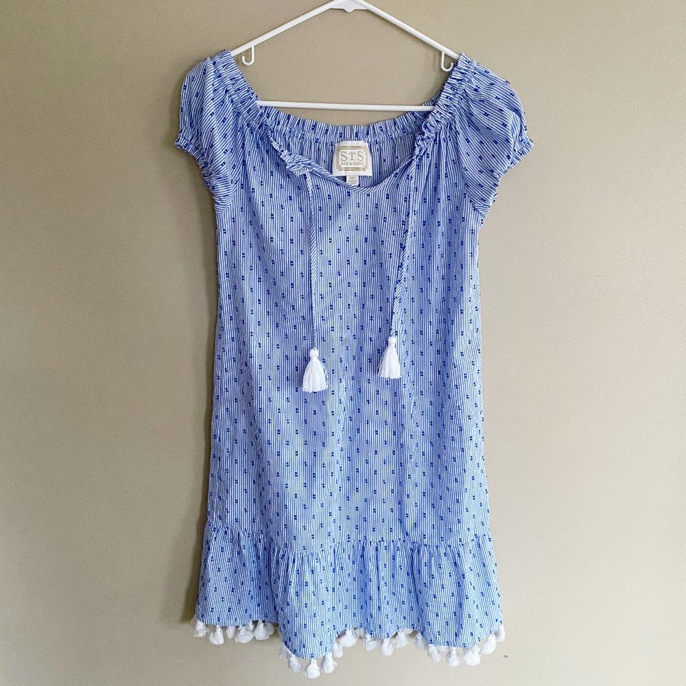 Sail to Sable striped tassel blue white mini dress